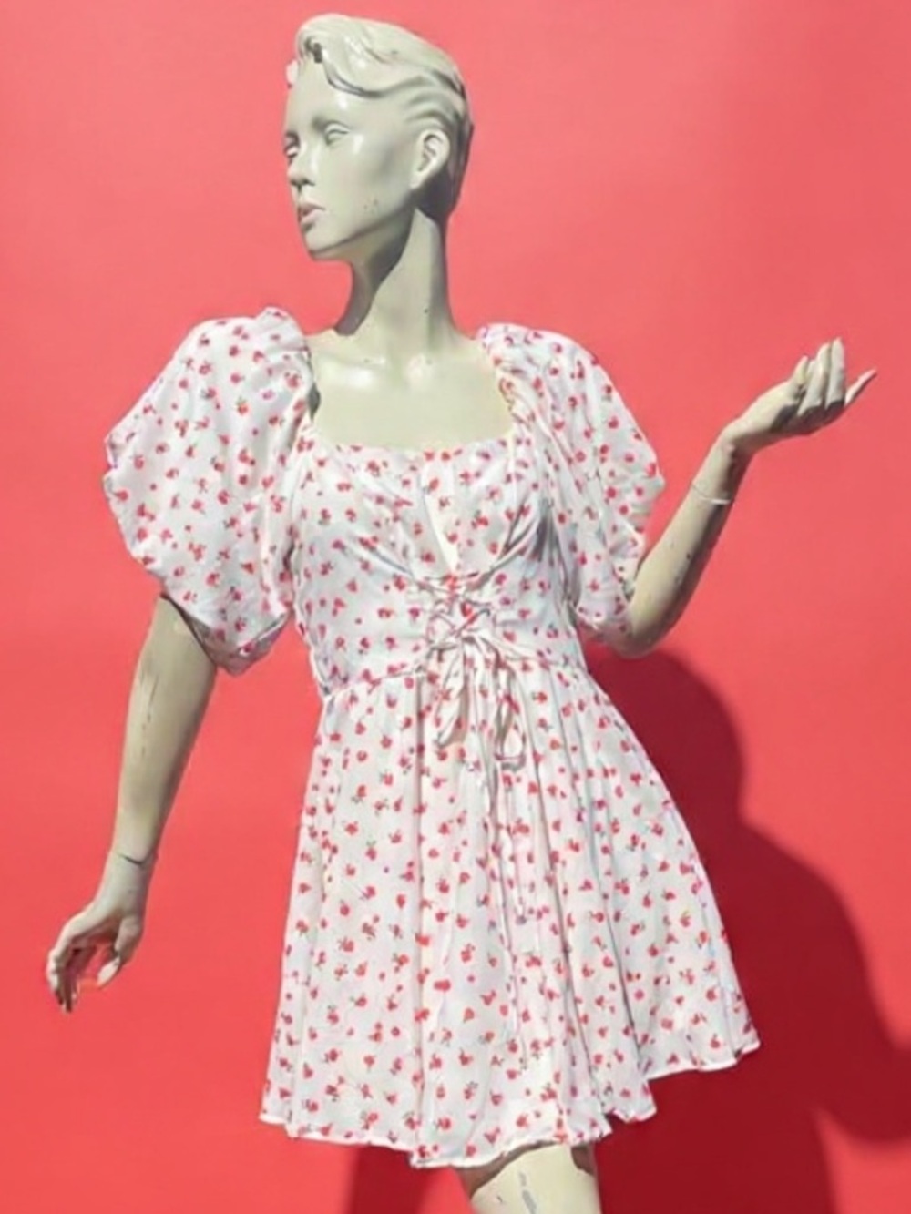 White Dress with Red Floral Print with lace up front and Puff Sleeves